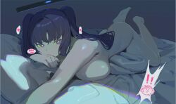 Rule 34 | !, 1girl, doodle sensei (blue archive), ass, bed sheet, blue archive, blush, breast press, breasts, commentary, completely nude, english text, feet up, halo, heart, highres, indoors, large breasts, looking at viewer, lying, niunaigaoban, nude, on stomach, pillow, pov, purple eyes, purple hair, sensei (blue archive), solo, spoken exclamation mark, spoken expression, spoken heart, stomach, symbol-only commentary, yuuka (blue archive)