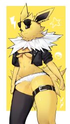 Rule 34 | abs, animal ears, asymmetrical legwear, belt, bikini, bikini top only, black sclera, breasts, bright pupils, cleavage, colored sclera, creatures (company), ear piercing, fur collar, furry, furry female, game freak, gen 1 pokemon, highres, jacket, jolteon, medium breasts, nintendo, piercing, pokemon, pokemon (creature), short hair, shorts, smile, sunglasses, sunglasses on head, swimsuit, tail, thick thighs, thigh belt, thigh strap, thighhighs, thighs, togetoge, underboob, white fur, white pupils, wide hips, yellow fur