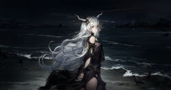 Rule 34 | 1girl, absurdres, arknights, bare shoulders, black dress, commentary request, cowboy shot, dress, highres, horns, long hair, official alternate costume, pointy ears, qingfeng canying, shining (arknights), shining (silent night) (arknights), solo, standing, very long hair, water, white hair