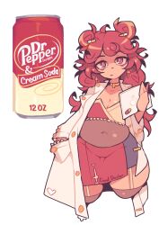 Rule 34 | 1girl, absurdres, breasts, can, choker, cleavage, closed mouth, coat, commentary, covered navel, cropped legs, cross, dr pepper, drink can, earrings, english commentary, english text, garter straps, hand in pocket, head tilt, highres, holding, holding tablet pc, jewelry, latin cross, long hair, looking at viewer, medium breasts, pink eyes, plump, poorsdraws, simple background, solo, straight-on, tablet pc, thick thighs, thighs, white background, white coat, yellow choker