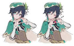 Rule 34 | 1boy, aqua eyes, aqua hair, blue hair, blush, bow, cape, cropped torso, dsmile, flower, genshin impact, green headwear, hair between eyes, hat, hat flower, heart, heart hands, highres, long sleeves, looking at viewer, male focus, multicolored hair, multiple views, one eye closed, parted lips, simple background, smile, upper body, venti (genshin impact), white background