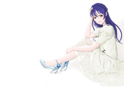 Rule 34 | 1girl, artist name, artist request, blue footwear, blush, dress, female focus, full body, hair between eyes, hand on head, hand on legs, high heels, long hair, looking at viewer, love live!, love live! school idol project, maymay2525, parted lips, sitting, skirt, smile, solo, sonoda umi, white background, white dress, white skirt, yellow eyes