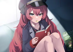 Rule 34 | 1girl, absurdres, black shirt, blue archive, blush, book, collarbone, couch, food in mouth, halo, hat, highres, iroha (blue archive), jacket, knees up, looking at viewer, military, military hat, military uniform, mouth hold, necktie, reading, red hair, red necktie, shirt, sitting, snack, solo, uniform, urabesunahito