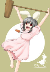 Rule 34 | 1girl, :d, animal ears, bad id, bad pixiv id, barefoot, black hair, rabbit ears, carrot, carrot necklace, dress, female focus, hammer, inaba tewi, jewelry, looking at viewer, mitsuki (pixiv11671), mitsuki (toriaezu), necklace, open mouth, phantasmagoria of flower view, pink dress, puffy short sleeves, puffy sleeves, red eyes, short sleeves, smile, solo, touhou