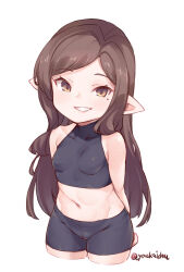 Rule 34 | 1girl, arms behind back, artist name, arulumaya, bare arms, bare shoulders, bike shorts, breasts, brown eyes, brown hair, commentary, covered collarbone, cowboy shot, cropped legs, granblue fantasy, grin, harvin, highres, jingai modoki, long hair, looking at viewer, midriff, mole, mole under eye, navel, parted lips, pointy ears, simple background, small breasts, smile, solo, twitter username, white background