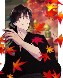 Rule 34 | 1boy, autumn leaves, black hair, black kimono, blurry, blurry background, brown eyes, falling leaves, fate/grand order, fate (series), hair between eyes, hand up, highres, japanese clothes, kimono, leaf, long hair, looking to the side, looking up, low ponytail, male focus, maple leaf, outside border, pillarboxed, sakamoto clan (emblem), sakamoto ryouma (fate), sakamoto ryouma (lancer) (fate), sasago335, smile, solo, tree, upper body