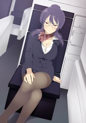 Rule 34 | 1girl, airplane interior, breasts, brown pantyhose, button gap, cleavage, crossed legs, flight attendant, glasses, hand on thigh, highres, large breasts, legs, miniskirt, pantyhose, ponytail, purple hair, red eyes, scarf, seductive smile, senran kagura, sexually suggestive, short hair, sitting, skirt, smile, solo, rin (senran kagura), thick thighs, thighs, travel attendant, uniform