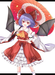 Rule 34 | 1girl, :d, armpit peek, ascot, bat wings, blue hair, blush, breasts, commentary request, cosplay, detached sleeves, fang, feet out of frame, hair between eyes, hair ribbon, hakurei reimu, hakurei reimu (cosplay), hand on own hip, head tilt, highres, holding, holding umbrella, letterboxed, light blue hair, looking at viewer, midriff, navel, oil-paper umbrella, open mouth, petticoat, pointy ears, red eyes, red skirt, red vest, remilia scarlet, remitei03, ribbon, ribbon-trimmed sleeves, ribbon trim, short hair, simple background, skirt, slit pupils, small breasts, smile, solo, standing, touhou, umbrella, vest, white background, white legwear, wide sleeves, wings, yellow ascot