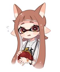 Rule 34 | 1girl, animal ears, bandaid, blunt bangs, bracelet, brown eyes, brown hair, clothes writing, coin purse, cropped torso, dog ears, fang, flying sweatdrops, frown, holding, inkling, inkling girl, inkling player character, jewelry, kanji, kemonomimi mode, long hair, looking at viewer, maco spl, mask, nintendo, open mouth, pointy ears, shirt, simple background, solo, splatoon (series), t-shirt, tentacle hair, translated, upper body, white background, white shirt