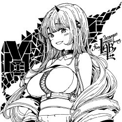 Rule 34 | blush, breasts, chest harness, cleavage, collar, dated, goddess of victory: nikke, greyscale, grin, harness, highres, horns, jacket, large breasts, long hair, monochrome, off-shoulder jacket, off shoulder, punew, sidelocks, signature, smile, viper (nikke), zipper, zipper pull tab