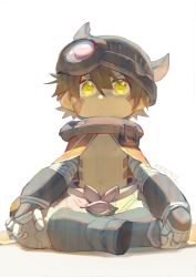 Rule 34 | 1boy, body markings, boots, brown hair, cape, closed mouth, facial mark, fake horns, full body, gekichuu youkai, hair between eyes, helmet, highres, horned helmet, horns, indian style, looking at viewer, made in abyss, male focus, mechanical arms, navel, nipples, pants, pointy ears, red cape, regu (made in abyss), shoe soles, short hair, sitting, solo, topless male, white background, yellow eyes
