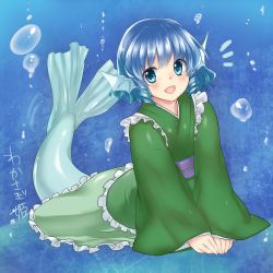 Rule 34 | 1girl, blue eyes, blue hair, blush, bubble, fins, fish tail, frills, head fins, japanese clothes, kimono, matching hair/eyes, mermaid, monrooru, monster girl, open mouth, solo, tail, touhou, wakasagihime, wide sleeves