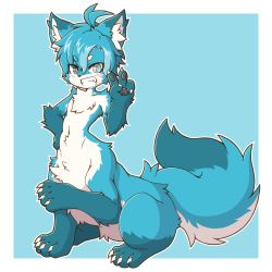 Rule 34 | 1boy, acky, ahoge, animal ear fluff, animal ears, animal hands, blue background, blue eyes, blue fur, blue hair, blush, centauroid, claws, commentary, fang, fictional persona, fox boy, fox ears, fox tail, full body, furry, furry male, grin, hair between eyes, hand on own hip, heterochromia, highres, leg up, looking at viewer, male focus, navel, original, outline, parted bangs, short hair, sitting, slit pupils, smile, snout, solo, tail, taur, teeth, thick eyebrows, v, white fur