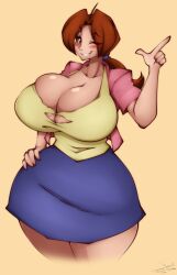 Rule 34 | 1girl, absurdres, alternate breast size, artist name, blush, breasts, brown eyes, brown hair, creatures (company), dated, delia ketchum, game freak, hand on own hip, highres, huge breasts, long hair, looking at viewer, nintendo, one eye closed, pokemon, pokemon (anime), pokemon (classic anime), ponytail, skirt, smile, superix, wink