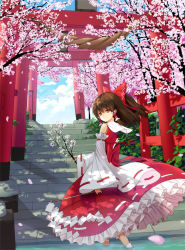 Rule 34 | 1girl, bare shoulders, bow, branch, brown eyes, brown hair, cherry blossoms, detached sleeves, dinyc, female focus, frilled skirt, frills, gathers, gohei, hair bow, hair tubes, hakurei reimu, japanese clothes, long skirt, looking back, miko, multiple torii, petals, skirt, smile, solo, stairs, torii, touhou, wading, water