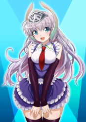 Rule 34 | 1girl, :d, agrs, bare shoulders, black thighhighs, blue eyes, blush, collared shirt, cowboy shot, detached sleeves, frills, headgear, isse, layered skirt, light purple hair, long hair, looking at viewer, necktie, open mouth, purple skirt, red necktie, shirt, skirt, skirt set, sleeveless, sleeveless shirt, smile, solo, thighhighs, tomokazu sugita no anigera deduuun, v arms