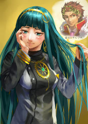 Rule 34 | 1boy, 1girl, blush, bracelet, breasts, brown hair, cleopatra (fate), closed mouth, commentary request, earrings, fate/grand order, fate (series), fingernails, green eyes, green hair, hairband, hand in own hair, hand on own face, highres, hoop earrings, jewelry, gaius julius caesar (fate), long hair, long sleeves, medium breasts, necklace, very long hair, yasaidon