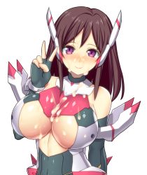 Rule 34 | 1girl, asamura hiori, bare shoulders, blush, bodysuit, breasts, brown hair, center opening, fingerless gloves, gloves, hair ornament, highres, izumi rina, large breasts, long hair, looking at viewer, messy, phantasy star, phantasy star online 2, phantasy star online 2 the animation, pink eyes, smile, solo, suggestive fluid, v