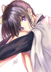 Rule 34 | 1girl, absurdres, black hair, black jacket, butterfly hair ornament, closed mouth, from side, hair ornament, highres, jacket, kimetsu no yaiba, long sleeves, looking at viewer, mike3284, purple eyes, short hair, side ponytail, signature, simple background, sitting, smile, solo, tsuyuri kanao, white background