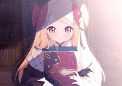 Rule 34 | 1girl, bare shoulders, black coat, blonde hair, book, bookshelf, bow, coat, eversoul, hair bow, hair ornament, highres, holding, holding book, light blush, light particles, long hair, long sleeves, looking at viewer, looking up, manon (eversoul), parted lips, petite, red bow, red eyes, shirt, solo, sunlight, swept bangs, upper body, white shirt, yotte