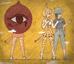 Rule 34 | 3girls, animal ears, arms up, bag, black shirt, blonde hair, blouse, blue footwear, blue vest, bow, bowtie, capri pants, caracal (kemono friends), cellien (kemono friends), cerulean costume, commentary request, crack, egyptian art, elbow gloves, expressionless, eye of horus, gloves, grey pants, hat, hat feather, highres, kemono friends, kemono friends 2, kita (7kita), kyururu (kemono friends), looking to the side, multicolored hair, multiple girls, pants, pink legwear, pink skirt, satchel, serval (kemono friends), serval print, serval tail, shirt, short hair, short sleeves, simple background, skirt, sleeveless, sleeveless shirt, tail, thighhighs, traditional bowtie, two-tone hair, vest, white footwear, yellow background, yellow skirt