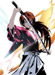 Rule 34 | 1boy, blue eyes, cofffee, cowboy shot, facial scar, fire, hair between eyes, hakama, himura kenshin, holding, holding sword, holding weapon, japanese clothes, katana, long hair, looking at viewer, low ponytail, male focus, red hair, red shirt, rurouni kenshin, scar, scar on cheek, scar on face, shirt, solo, sword, weapon, white background, white hakama, wide sleeves