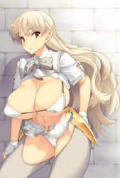 Rule 34 | 1girl, armor, blonde hair, bow, bowtie, breasts, brick wall, covered erect nipples, faulds, fingerless gloves, gloves, grey thighhighs, heart, highres, huge breasts, long hair, navel, open mouth, orange eyes, original, panties, solo, thighhighs, underwear, wavy hair, white gloves, white panties, yn red