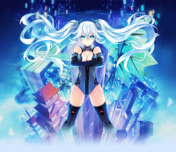 Rule 34 | &gt;:), 10s, 1girl, aqua eyes, bare shoulders, black gloves, black heart (neptunia), bodysuit, breasts, building, chou megami shinkou noire gekishin black heart, circle, cityscape, cleavage, cleavage cutout, clothing cutout, crossed arms, elbow gloves, floating hair, gloves, glowing, grey thighhighs, gunbuster pose, hair between eyes, halterneck, highres, kami jigen game neptune v, leotard, light particles, light smile, long hair, looking at viewer, magical girl, neptune (series), noire (neptunia), official art, power symbol, power symbol-shaped pupils, skyscraper, smile, solo, square, standing, symbol-shaped pupils, thighhighs, triangle, tsunako, turtleneck, twintails, v-shaped eyebrows, very long hair, white hair