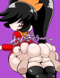 Rule 34 | 1girl, ashley (warioware), ass, ass grab, black hair, black thighhighs, blush, closed mouth, deep skin, disembodied hand, disembodied hand, dress, from behind, grabbing another&#039;s ass, hair over one eye, hairband, highres, huge ass, long hair, long sleeves, looking back, mori2suke, nintendo, no panties, orange hairband, purple background, red dress, red eyes, simple background, solo focus, thick thighs, thighhighs, thighs, twintails, warioware