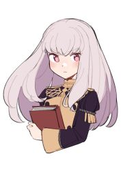 Rule 34 | 1girl, blush, book, buttons, closed mouth, cropped torso, do m kaeru, fire emblem, fire emblem: three houses, garreg mach monastery uniform, holding, holding book, long hair, long sleeves, looking at viewer, lysithea von ordelia, nintendo, pink eyes, pink hair, simple background, solo, uniform, white background, white hair