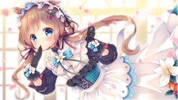 Rule 34 | animal ears, blurry, blurry background, blush, brown hair, commentary request, covering own mouth, eli conifer, flower, gloves, hair ornament, highres, long hair, looking at viewer, low twintails, maid headdress, nijisanji, ribbon, solo, twintails, virtual youtuber, window, yorarry