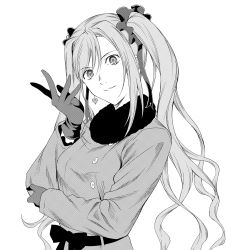 Rule 34 | 1girl, absurdres, coat, earrings, fur collar, gloves, greyscale, hair between eyes, highres, jewelry, long hair, looking at viewer, mahou tsukai no yoru, may riddell archelot, monochrome, ribbon, scrunchie, sidelocks, solo, tagme, takai isshiki, twintails, white background