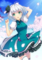 Rule 34 | 1girl, :o, adapted costume, black flower, black rose, blue sky, blush, cherry blossoms, china dress, chinese clothes, day, dress, eyebrows, flower, frilled dress, frills, green dress, green eyes, hair flower, hair ornament, konpaku youmu, looking at viewer, mashima (sumachi), outdoors, petticoat, puffy short sleeves, puffy sleeves, rose, short hair, short sleeves, silver hair, sky, solo, sunlight, thighhighs, touhou, white thighhighs