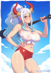 Rule 34 | 1girl, ahoge, angry, aqua hair, arm up, artist name, body freckles, border, breasts, buruma, camisole, closed mouth, club (weapon), collarbone, covered erect nipples, covered navel, curled horns, day, earrings, fingernails, freckles, grey hair, hair ornament, hair stick, hand on own hip, head tilt, high ponytail, holding, holding weapon, horns, jewelry, kajin (kajinman), large breasts, long hair, looking at viewer, midriff, multicolored hair, multicolored horns, navel piercing, nipples, one piece, oni, orange eyes, outdoors, over shoulder, piercing, red horns, see-through, shiny skin, skindentation, solo, stomach, v-shaped eyebrows, very long hair, watermark, weapon, weapon over shoulder, web address, wet, wet clothes, white border, yamato (one piece), yellow horns