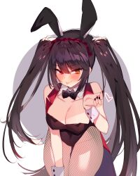 Rule 34 | 1girl, animal ears, bare shoulders, black bow, black hair, black leotard, blush, bow, breasts, buttons, cleavage, cowboy shot, date a live, detached collar, fake animal ears, fishnet thighhighs, fishnets, hairband, hand up, heart, heterochromia, highres, large breasts, leotard, long hair, looking at viewer, nail polish, orange eyes, playboy bunny, rabbit ears, red eyes, simple background, solo, soukou makura, thighhighs, tokisaki kurumi, tongue, tongue out, twintails, wrist cuffs