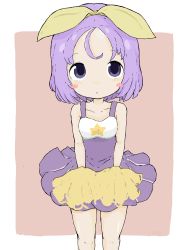 Rule 34 | 1girl, :o, absurdres, bare arms, bare shoulders, blush stickers, breasts, brown background, cheerleader, collarbone, commentary request, dress, feet out of frame, hair ribbon, highres, hiiragi tsukasa, lucky star, parted bangs, parted lips, pleated dress, pom pom (cheerleading), purple dress, purple eyes, purple hair, ribbon, rururu (pyrk8855), sleeveless, sleeveless dress, small breasts, solo, standing, two-tone background, white background, yellow ribbon