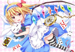 Rule 34 | 1girl, :3, absurdres, ahoge, alice (alice in wonderland), alice (alice in wonderland) (cosplay), alice in wonderland, apron, argyle, argyle background, argyle clothes, blonde hair, blue dress, blush, bow, card, closed eyes, cloud, cosplay, crystal, dress, flandre scarlet, frilled dress, frills, hair bow, hairband, highres, hyurasan, looking at viewer, no headwear, open mouth, pocket watch, ponytail, puffy short sleeves, puffy sleeves, rabbit, red eyes, ribbon, short sleeves, side ponytail, sky, smile, solo, striped clothes, striped thighhighs, stuffed animal, stuffed rabbit, stuffed toy, thighhighs, touhou, watch, wings
