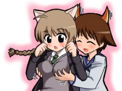 Rule 34 | 00s, 2girls, animal ears, bad id, bad pixiv id, grabbing another&#039;s breast, breasts, grabbing, lynette bishop, medium breasts, miyafuji yoshika, multiple girls, strike witches, world witches series