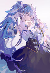 Rule 34 | 1girl, amulet, bare shoulders, beamed sixteenth notes, blue dress, blue eyes, blue hair, bow, bowtie, brooch, commentary, crystal, detached collar, detached sleeves, dress, earrings, framed breasts, gold trim, hair ornament, half-closed eyes, hands up, hatsune miku, highres, holding, holding scepter, jewelry, long hair, looking at viewer, mamenomoto, musical note, musical note hair ornament, parted lips, princess, puffy sleeves, scepter, sideways glance, solo, staff (music), tiara, twintails, upper body, very long hair, vocaloid, white background, white sleeves, yuki miku, yuki miku (2019)