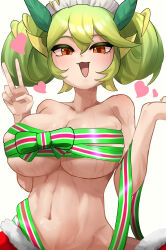 Rule 34 | 1girl, absurdres, artist request, blush, breasts, cotan (actancyaga), dragon girl, dragon horns, duel monster, green hair, green horns, green ribbon, heart, highres, horns, large breasts, looking at viewer, maid, maid headdress, midriff, naked ribbon, non-web source, orange eyes, parlor dragonmaid, ribbon, ribbon bra, second-party source, solo, sweat, v, white background, yu-gi-oh!