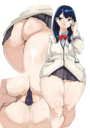 Rule 34 | 10s, 1boy, 1girl, ass, ass grab, bad id, bad pixiv id, black hair, black panties, black skirt, blue eyes, bow, breasts, cardigan, collared shirt, gridman universe, highres, hip focus, huge ass, long hair, long sleeves, looking away, lower body, male hand, medium breasts, miniskirt, newpix, panties, pleated skirt, plump, pussy, revision, shirt, simple background, skirt, solo focus, spread pussy, ssss.gridman, takarada rikka, thick thighs, thighs, underwear, white background, wide hips