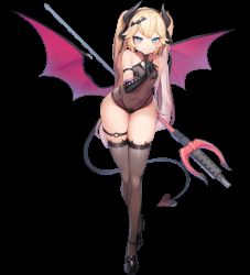 Rule 34 | 1girl, animated, animated gif, bad link, black gloves, black thighhighs, blinking, blonde hair, blue eyes, blush, bumcha, crossed legs, demon girl, demon horns, demon tail, demon wings, elbow gloves, flat chest, full body, game cg, gloves, horns, last origin, legs, leotard, long hair, long legs, looking at viewer, mary janes, navel, official art, polearm, premium pineapple pizza, see-through, shoes, skindentation, smile, solo, tachi-e, tail, thetis (last origin), thigh gap, thighhighs, thighs, transparent background, trident, twintails, watson cross, weapon, wings