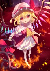 Rule 34 | 1girl, arm at side, ascot, blonde hair, bow, collared shirt, commentary, crystal, eyelashes, fighting stance, fire, flandre day, flandre scarlet, foreshortening, frilled shirt collar, frilled skirt, frills, full body, hair between eyes, hat, hat bow, highres, holding, holding weapon, indoors, laevatein (touhou), looking at viewer, mary janes, medium hair, mob cap, parted lips, puffy short sleeves, puffy sleeves, rainbow order, red bow, red eyes, red footwear, red vest, shirt, shoes, short sleeves, side ponytail, skirt, smile, solo, sparks, standing, touhou, tsukikusa, underlighting, upturned eyes, vest, weapon, white hat, white shirt, white skirt, wings, yellow ascot