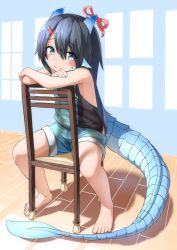 Rule 34 | 1girl, bare arms, bare shoulders, barefoot, black hair, black shirt, blue eyes, blush, breasts, chair, closed mouth, commentary request, crossed arms, dragon girl, dragon horns, dragon tail, fins, hair between eyes, head fins, head tilt, highres, horn ornament, horn ribbon, horns, kagarimachi konatsu, leaf-chan, long hair, looking at viewer, on chair, original, overall shorts, overalls, red ribbon, ribbon, scales, shirt, sitting, sleeveless, sleeveless shirt, small breasts, smile, solo, tail, very long hair, wooden floor