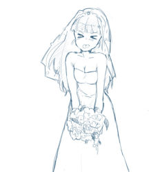 Rule 34 | &gt; &lt;, 1girl, bad id, bad pixiv id, bouquet, breasts, bridal veil, cleavage, closed eyes, dress, flower, jenny dolittle, leaning forward, long hair, miniskirt pirates, monochrome, mutou mato, solo, tongue, veil, wedding dress, xp-tan