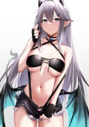 Rule 34 | 1girl, bikini, bikini top only, black choker, black gloves, black shorts, blush, breasts, choker, cleavage, closed mouth, commentary, demon horns, demon wings, ear piercing, english commentary, fingerless gloves, gloves, grey eyes, grey hair, hair ornament, hairclip, hand up, highres, horns, indie virtual youtuber, long hair, looking at viewer, medium breasts, navel, piercing, pointy ears, short shorts, shorts, simple background, skai kun, smile, solo, stomach, swimsuit, underboob, vei (vtuber), vei (vtuber) (9th costume), virtual youtuber, white background, wings