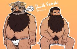 Rule 34 | 1boy, a-hem (a hemhem18), bara, beard, beard over mouth, belly, blush, brown hair, collage, completely nude, dungeon meshi, dwarf, facial hair, fake horns, fat, fat man, feet out of frame, fundoshi, hairy, helmet, highres, horned helmet, horns, japanese clothes, long beard, male focus, mustache, nude, penis, senshi (dungeon meshi), sparse arm hair, sparse leg hair, spoken blush, thick mustache, thick navel hair, very long beard