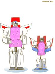 Rule 34 | 1980s (style), 2boys, autobot, blue eyes, closed mouth, decepticon, full body, jetfire, multiple boys, no humans, retro artstyle, red eyes, retro artstyle, simple background, smile, standing, starscream, tolliver, transformers, white background, wings