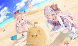 Rule 34 | 4girls, ahoge, angel wings, azusa (blue archive), azusa (swimsuit) (blue archive), bare legs, barefoot, beach, bikini, blonde hair, blue archive, blue bikini, blue sky, blush, breasts, cleavage, cloud, collarbone, commentary request, day, feathered wings, feet, flower, frilled bikini, frills, grey hair, hair flower, hair ornament, hair ribbon, halo, hanako (blue archive), head wings, hifumi (blue archive), hifumi (swimsuit) (blue archive), highres, jewelry, kneeling, koharu (blue archive), kurape (pat1na), legs, lipstick, looking at another, low twintails, make-up work club (blue archive), makeup, medium breasts, multiple girls, navel, necklace, ocean, official alternate costume, open mouth, peroro (blue archive), pink hair, purple eyes, ribbon, sand, sand bucket, sand sculpture, sitting, sky, small breasts, smile, starfish, stomach, summer, sunlight, swimsuit, tearing up, toes, trowel, twintails, water, white bikini, white wings, wing ornament, wings, yellow eyes