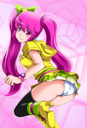 Rule 34 | 10s, 1girl, aino megumi, alternate form, ass, asymmetrical clothes, asymmetrical footwear, asymmetrical legwear, bad id, bad pixiv id, black thighhighs, boots, brooch, c-wing, cure lovely, cure lovely (lollipop hip hop), dress, earrings, eyelashes, hair ornament, hair ribbon, happinesscharge precure!, heart, heart brooch, high heels, jewelry, long hair, looking at viewer, magical girl, md5 mismatch, mismatched footwear, panties, pink background, pink eyes, pink hair, precure, ribbon, shoes, skirt, smile, solo, star (symbol), star earrings, thigh boots, thighhighs, thighs, twintails, underwear, uneven legwear, wrist cuffs, yellow dress, yellow skirt